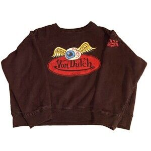 XL Von Dutch Pullover Brown Sweater Men’s XL Brown Eyeball Red Logo Crew Neck